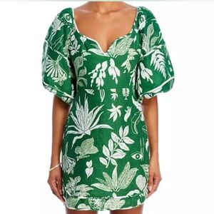 FARM Rio Green Botanical Puff-Sleeve Mini Dress